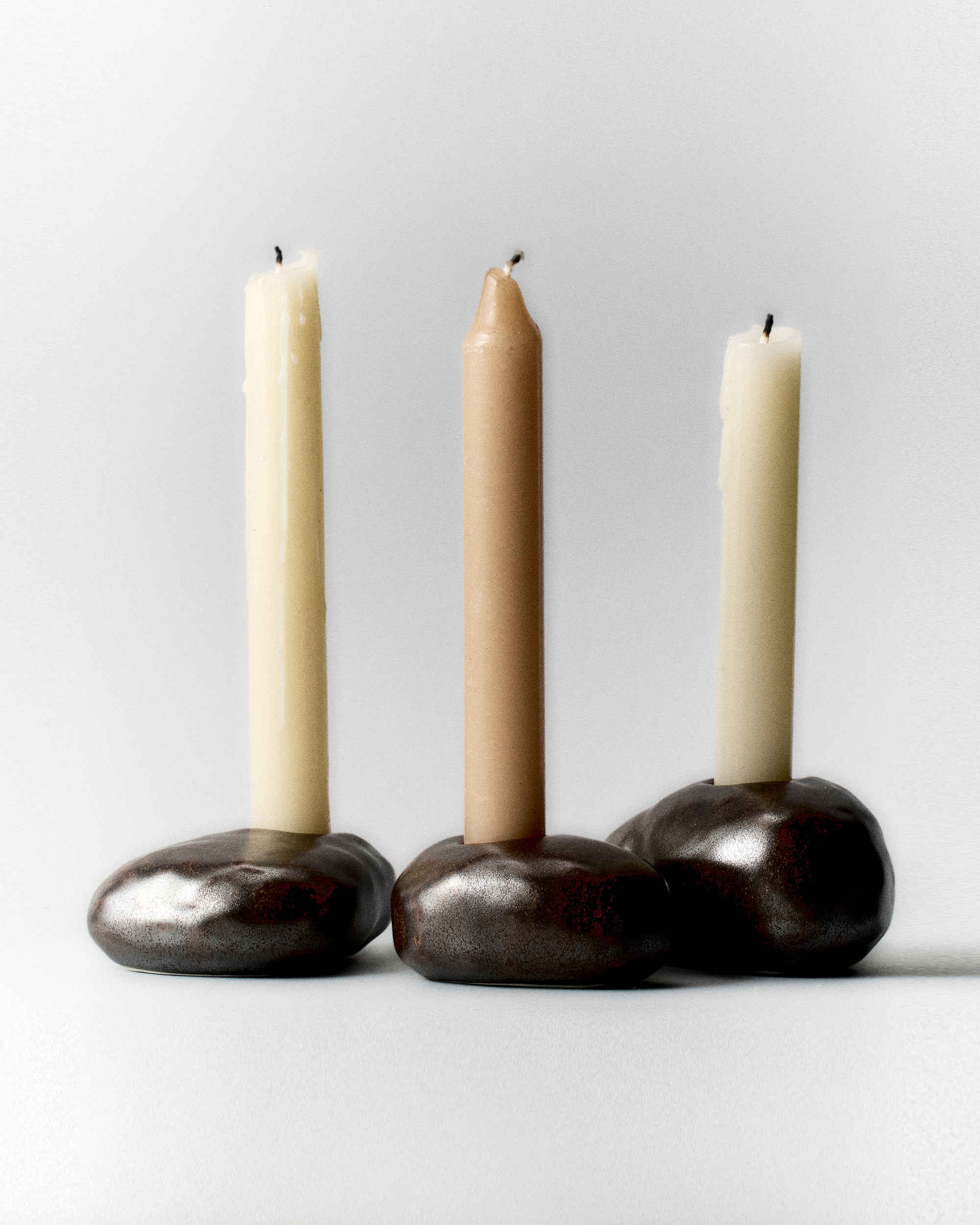 River stone -Ceramic Candle Holder - Antique Brass