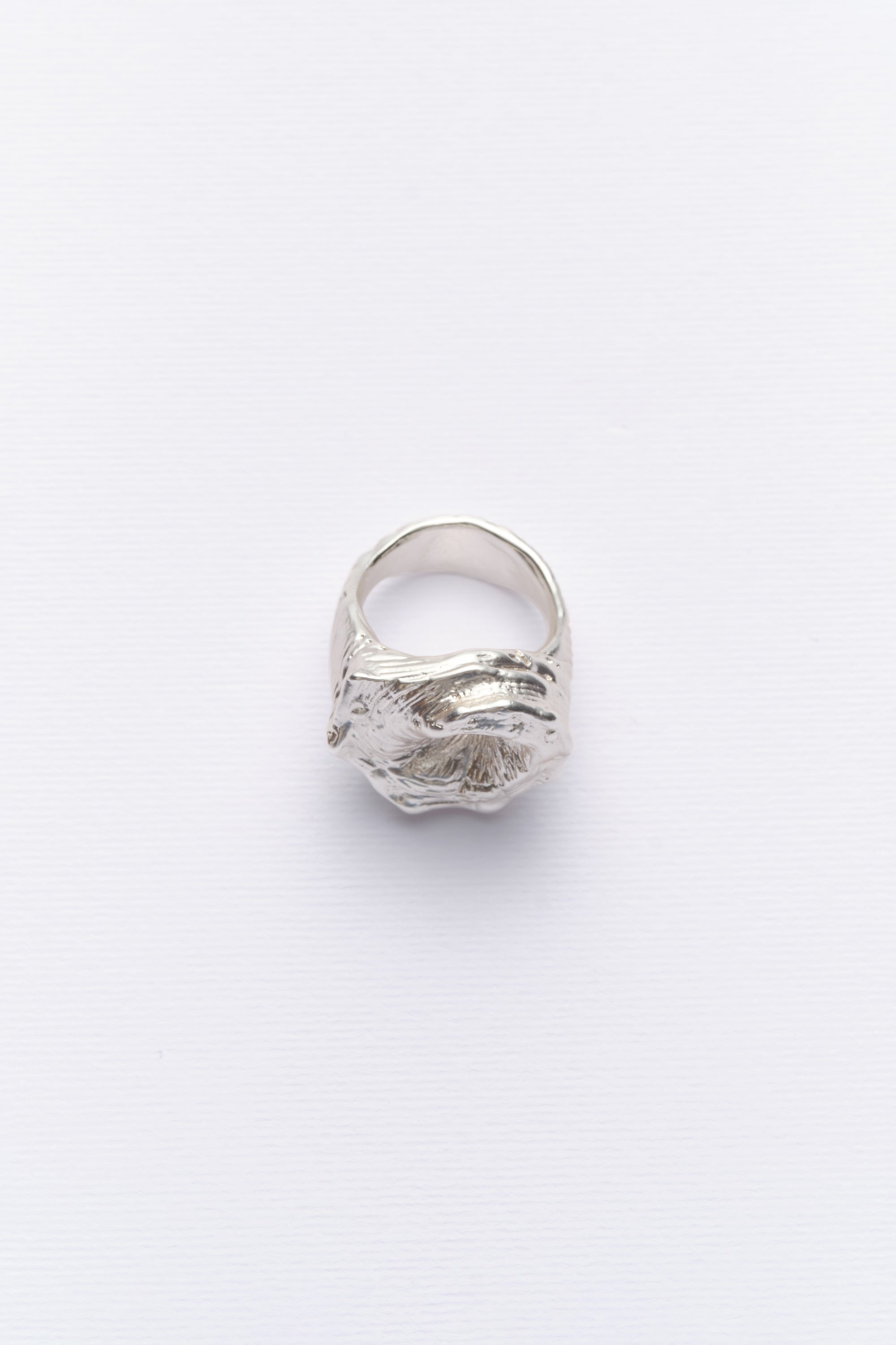 Silver sculptural textured statement ring front view