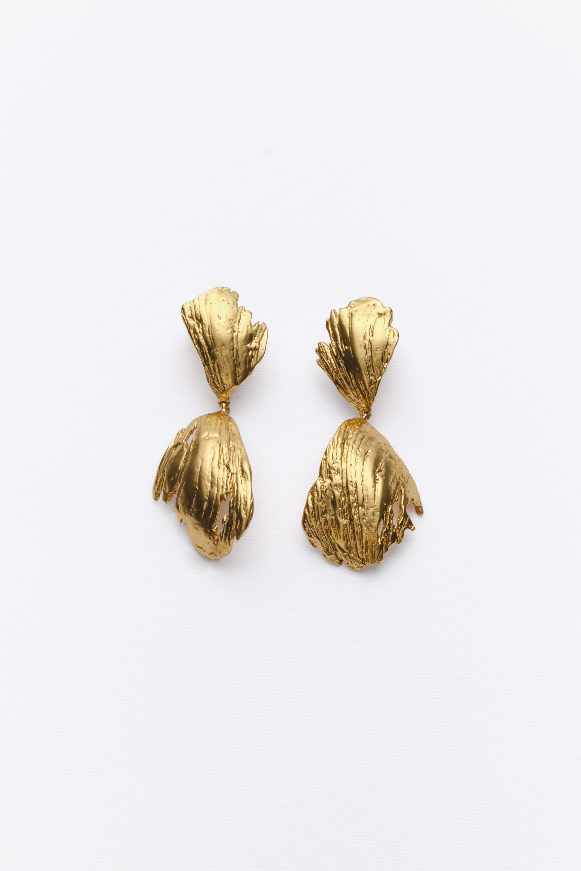 A pair of gold-colored seashell earrings with a natural corrosion effect, displayed against a white background.