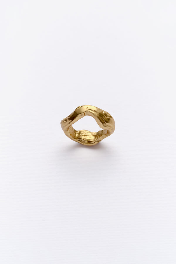 A gold-colored ring with a unique design, featuring a grooved, circular shape that resembles the appearance of soil layers and stone.