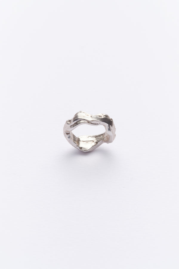 A silver ring with a textured design resembling soil layers and stone, displayed against a white background.