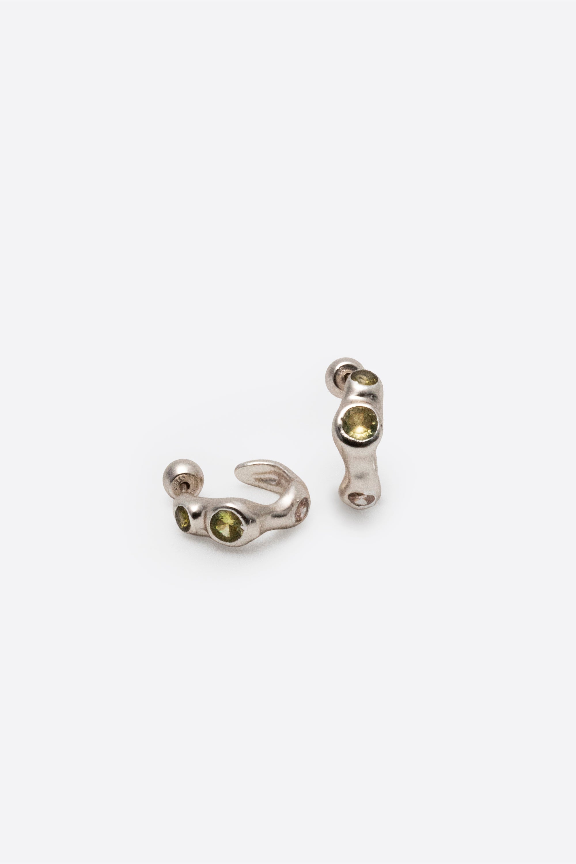 Sterling silver gemstone huggie earrings with sculptural organic setting