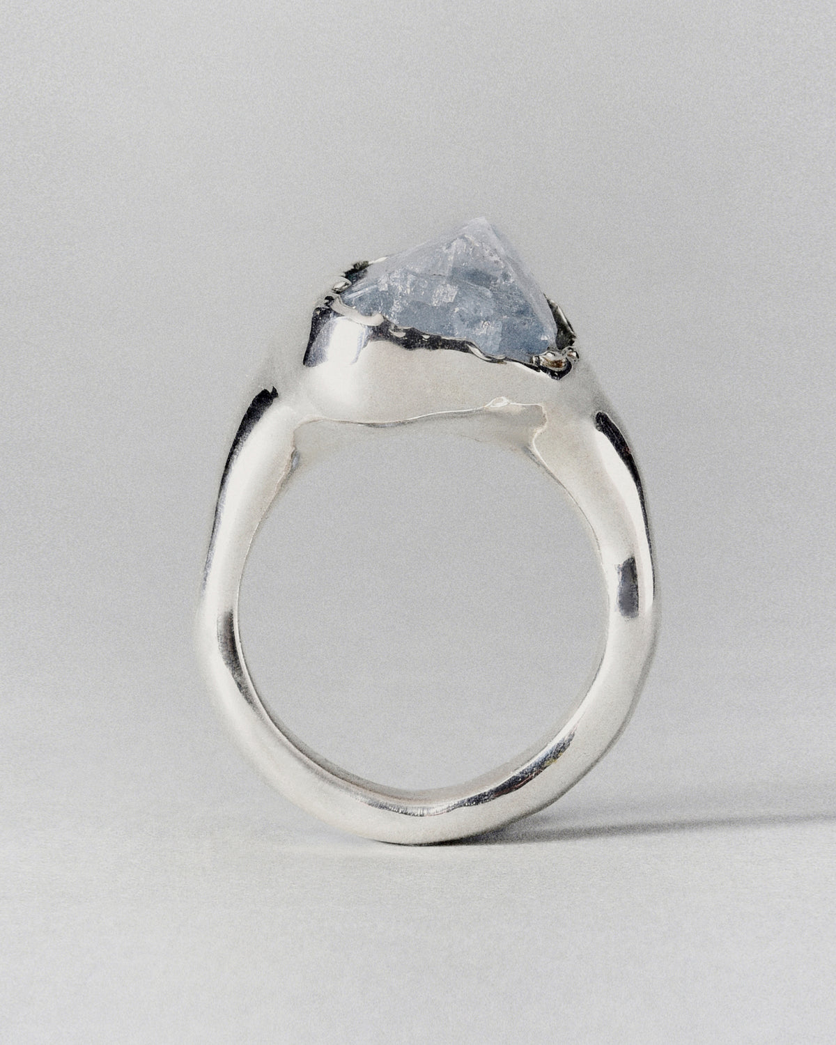 Celestite Ring in silver: side profile showing the raised pale blue stone and circular band.