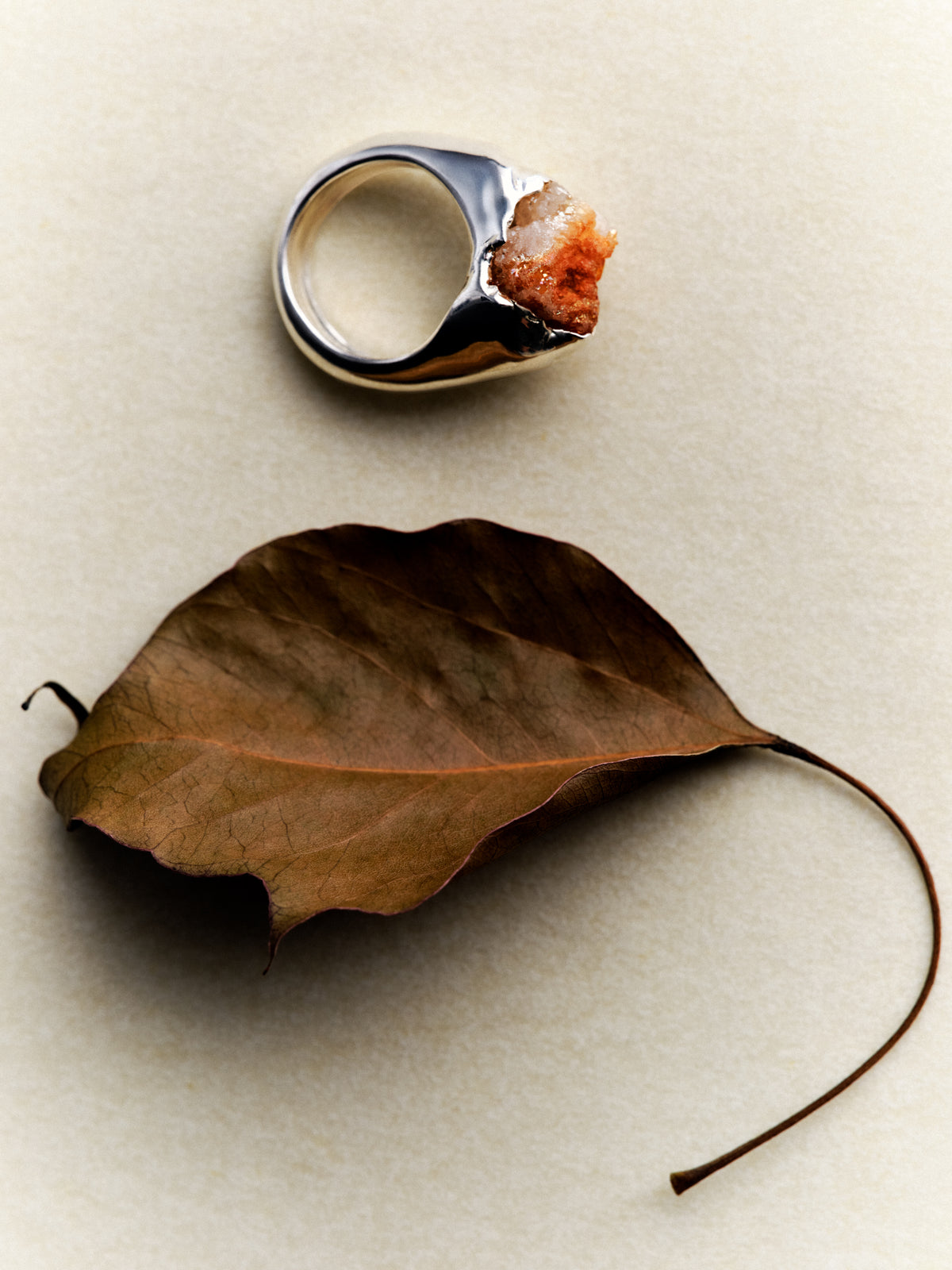 Cosmos Citrino Ring in silver: small rough-stone ring styled beside a curled dried leaf.