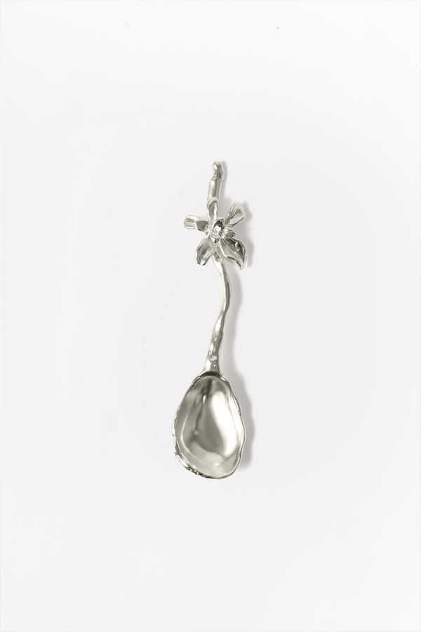 Silver spoon-shaped pendant on a white background