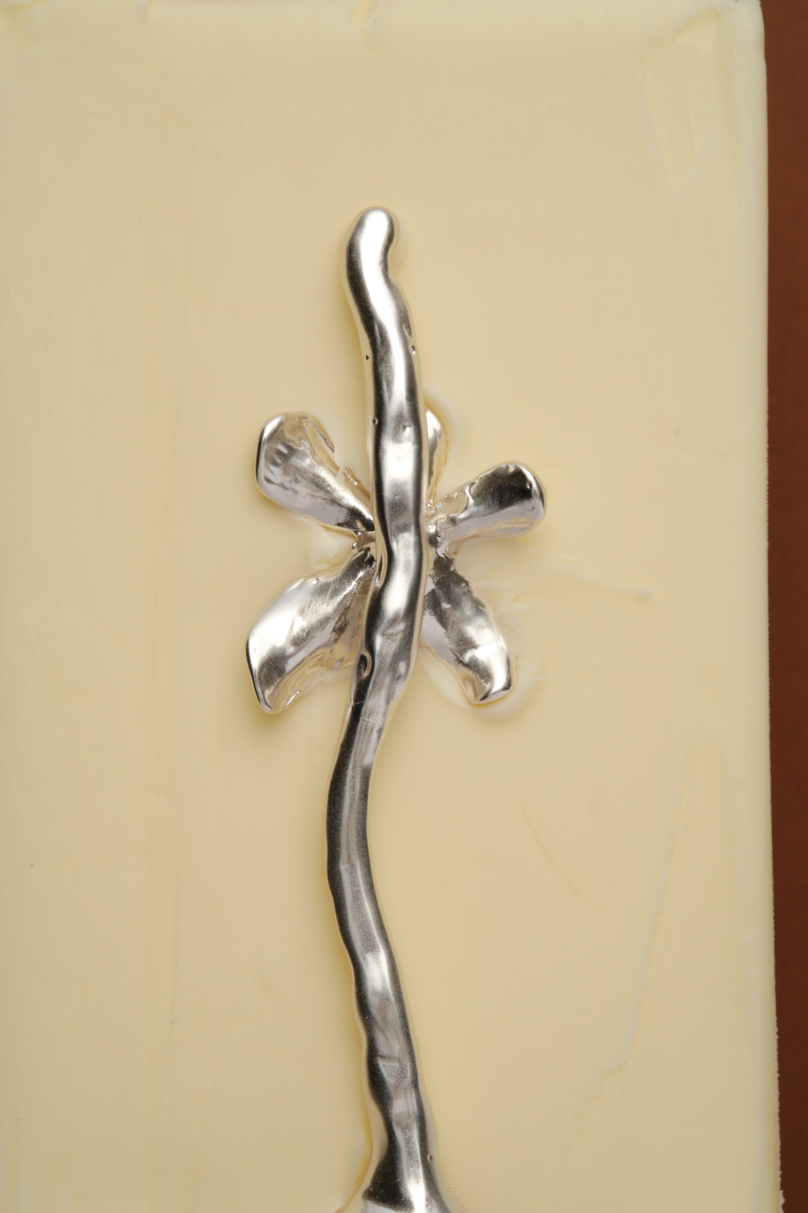 Close-up detail of sculptural silver spoon with organic floral handle on butter surface