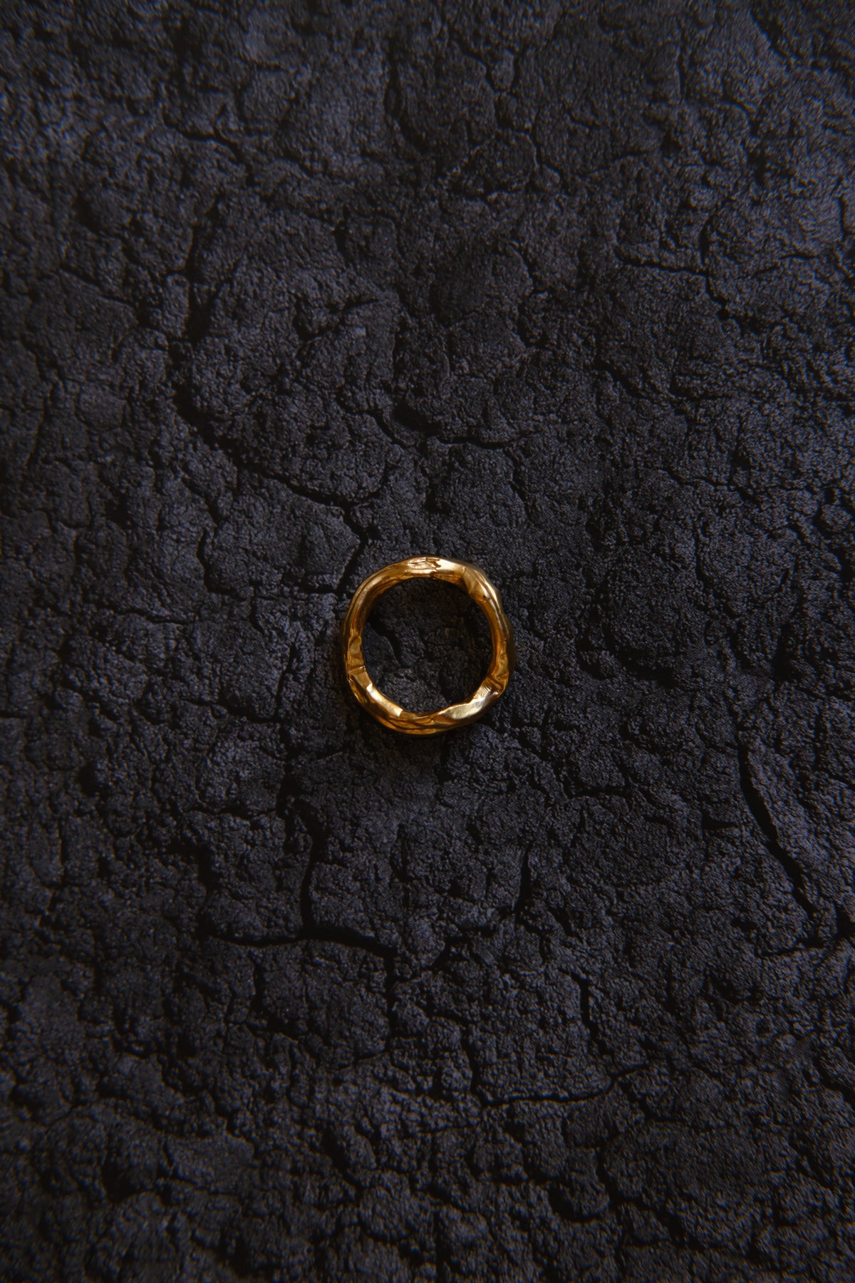 Layered Earth Ring in gold: ring displayed upright against dark textured bark.