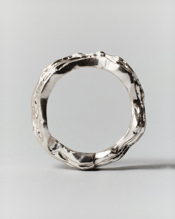 Layered Earth Ring in silver: ring standing upright showing its irregular textured circular band.