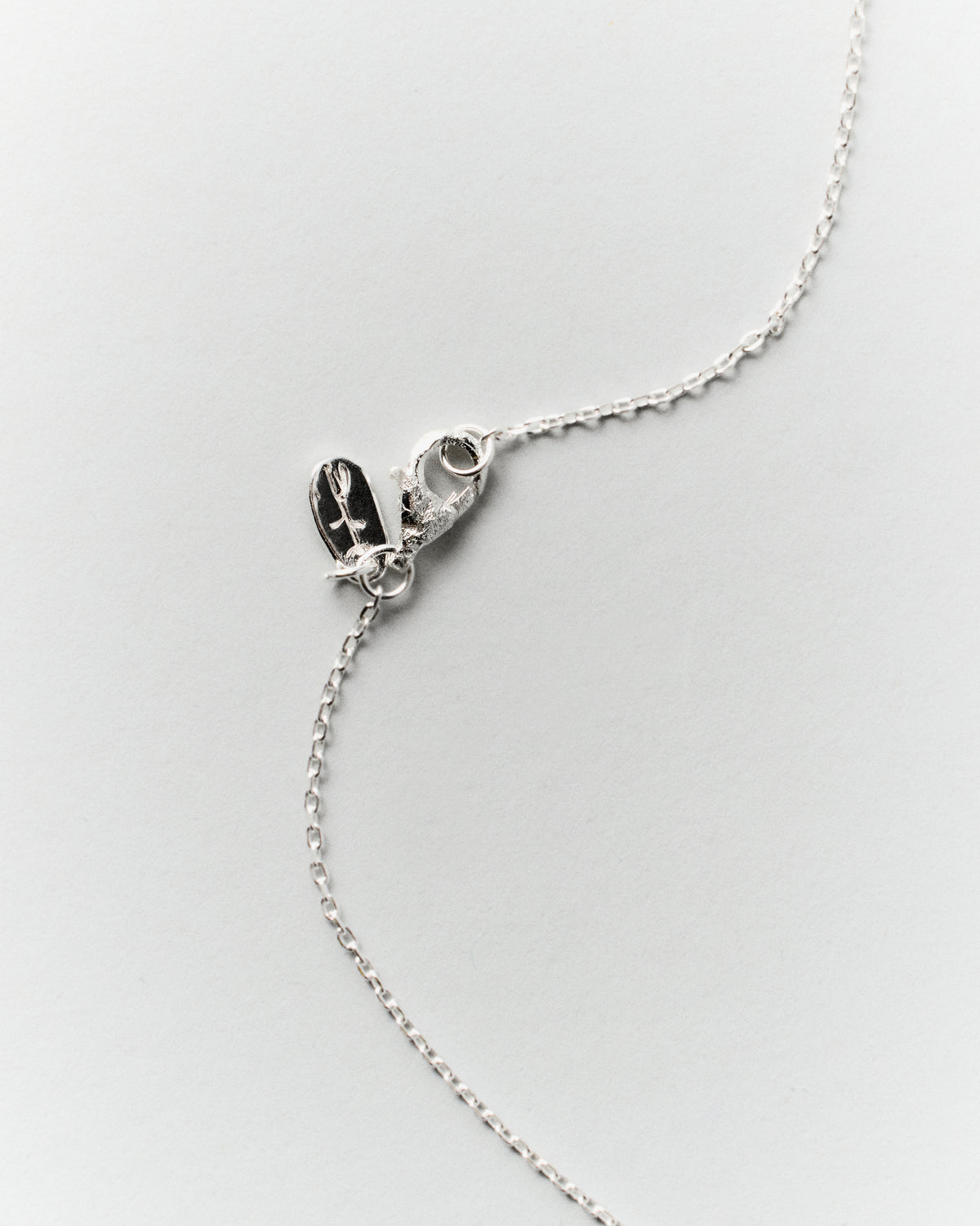 Nova Necklace in silver: close-up of the necklace clasp and oval brand tag.