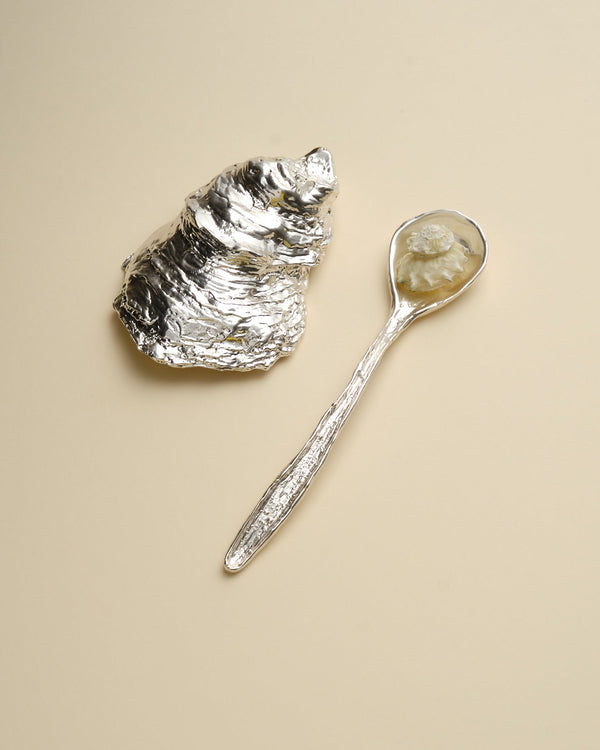 Spring Cutlery Spoon in silver: spoon styled beside an oyster-shaped object on beige.