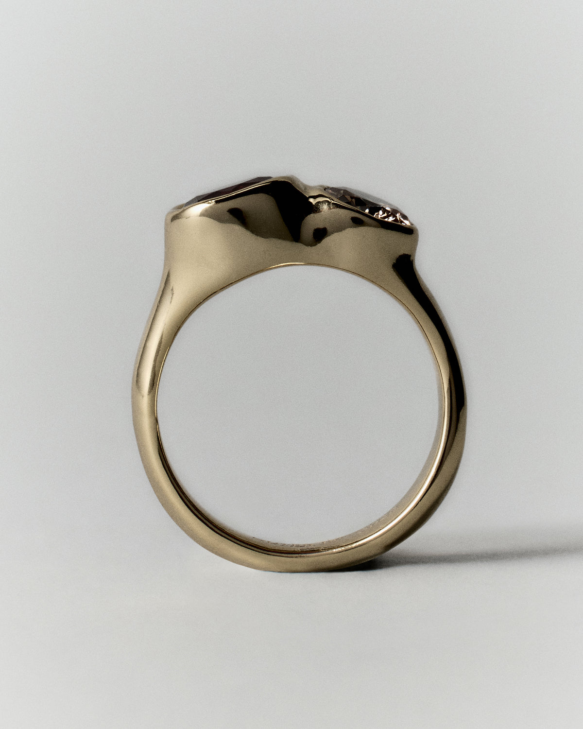 Tonka Ring in gold: side view showing the smooth ring band and raised setting.